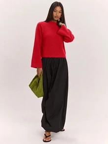 SHEIN BAE كنزة نسائية جديدة بياقة نصف عالية وأكمام راجلان فضفاضة بطول 3/4 بتصميم مريح متعدد الاستخدامات وإطلالة جذابة - Fiery Red - مشاهدة 3