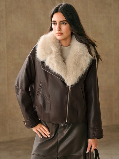 Anewsta Women Oversized Faux Fur Collar Faux Leather Cropped Jacket