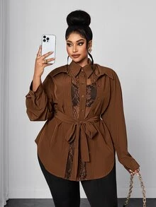 Maweii Plus Size Women Sexy Elegant Loose Brown Long Sleeve Shirt Lace 2 In 1 Inner Layer Western Style Casual Party Office Going Out Daily Loose Blouse Fall - Coffee Brown - View 1