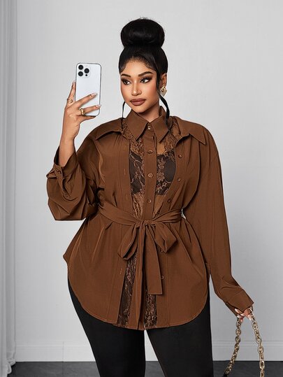 Maweii Plus Size Women Sexy Loose Brown Long Sleeve Shirt Lace 2 In 1 Inner Layer Western Style Casual Party Daily Loose Blouse