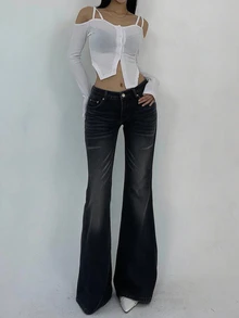 DAZY 女款休閒百搭丹寧喇叭牛仔褲，附口袋 - 黑色 - 查看 3