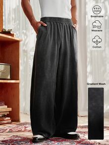 SWAVVY Men's Casual Loose Long Pants, Spring/Autumn/Summer, Standard Size, Embroidered Black Snow Wash - Black - View 3