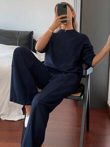 DAZY Women's Solid Color Long Sleeve Top And Long Pants Casual Daily Denim Set - Dark Wash - View 7