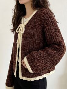 INAWLY Women's Thick Textured Short Knit Cardigan, Contrast Color Ruffle Bowknot Long Sleeve Loose Short Sweater Jacket - Coffee Brown - View 4