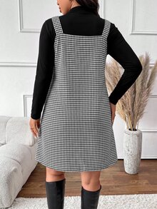 Lounesse Plus Size Women Solid Color Long Sleeve T-Shirt And Houndstooth Pattern Button Design Sleeveless Dress Elegant 2 Pieces Set - Black and White - View 2