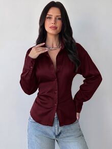 Firerie 女款深棕色長袖襯衫，綁帶收腰設計，休閒性感，適合辦公室、早午餐、夜晚外出，秋季優雅波西米亞風，春夏工作穿搭 - 酒紅色 - 查看 5