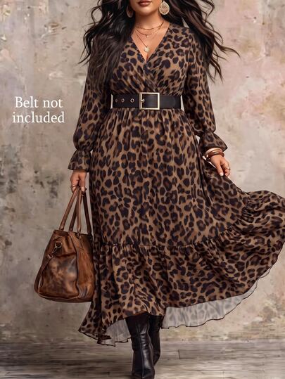 Linhara CURVE Vestido casual de senhora plus size para outono/inverno, decote em V, estampado floral miúdo, comprido, com cintura marcada e silhueta slim