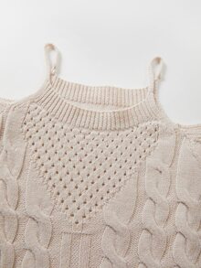 SHEIN Gaun Mini Rajut Kabel Bahu Terbuka Wanita, Sweater Bodycon Lengan Panjang Berlubang dengan Tali Spaghetti Dr - Krem - View 6