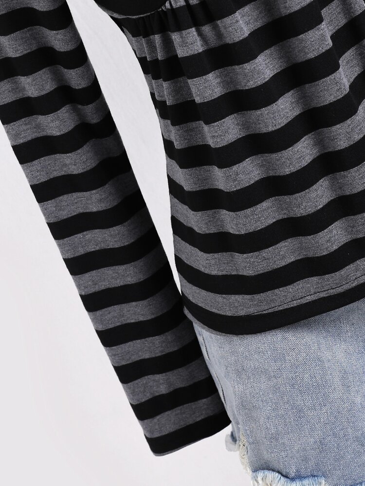 SHEIN Teen Girl Autumn Top Black & Grey Striped Heart Neckline T-Shirt, Delicate Collarbone Design, Autumn/Winter Outfit, Back To School Outfit, Knitted Fabric, Vintage Style - Multicolor - View 8
