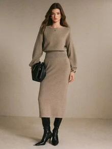 Poéselle 2 Pieces Knit Outfit Drop Shoulder Round Neck Sweater & High Waist Midi Skirt Set - Mocha Brown - View 2