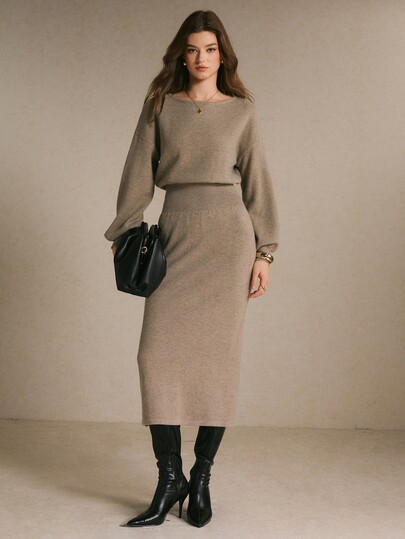 Poéselle 2 Pieces Knit Outfit Drop Shoulder Round Neck Sweater & High Waist Midi Skirt Set