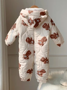 SHEIN 中性新生兒嬰兒男/女童、幼兒秋冬保暖內裡加厚可愛熊造型連帽連身衣、嬰兒冬季連身衣、雪衣、吊帶褲 - 杏色 - 查看 2