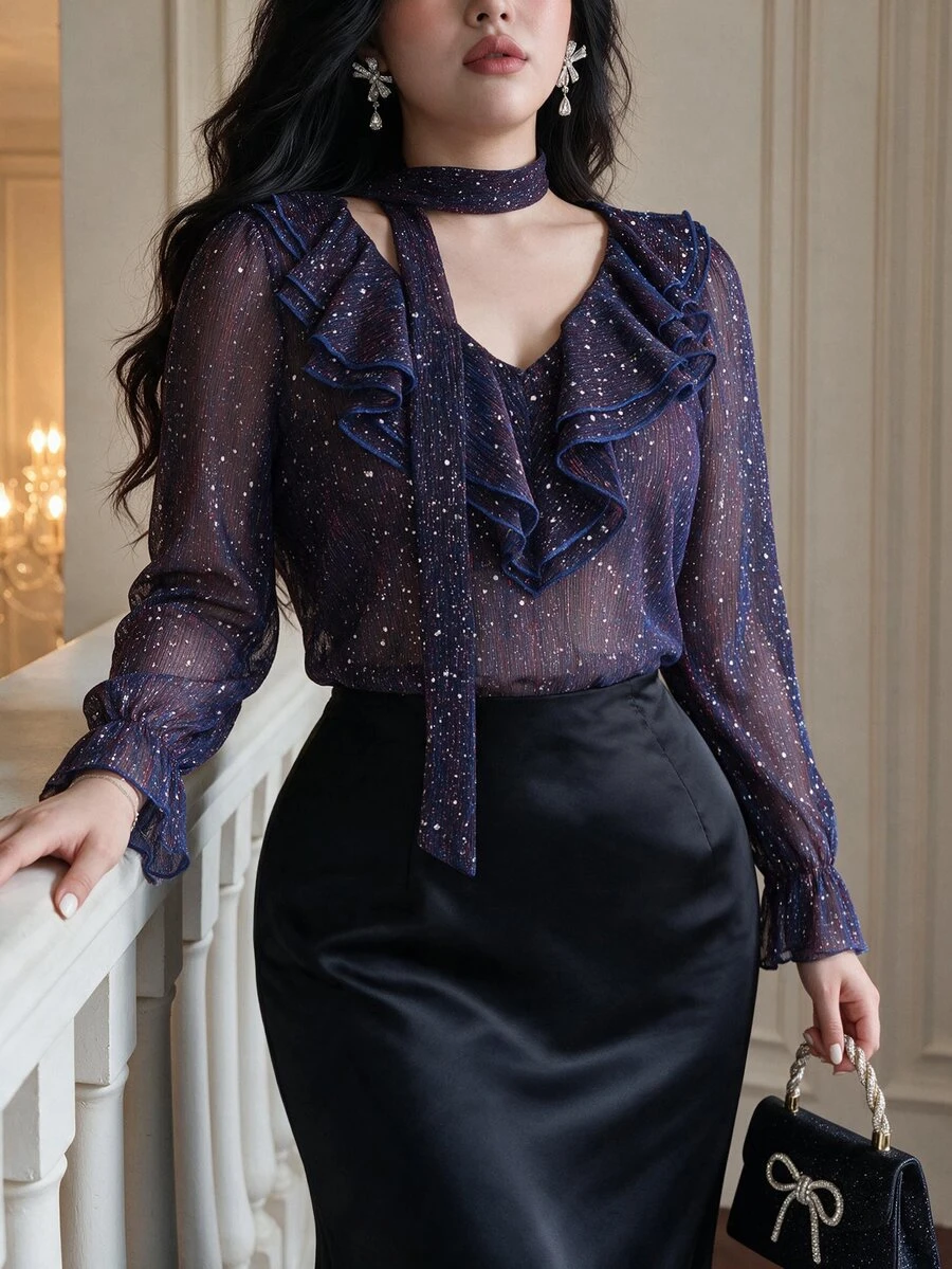 Vibekara Halter Neck Ribbon Sequin Blouse, Ruffle V-Neck Glitter Sheer Long Sleeve Party Top - Purple - View 1
