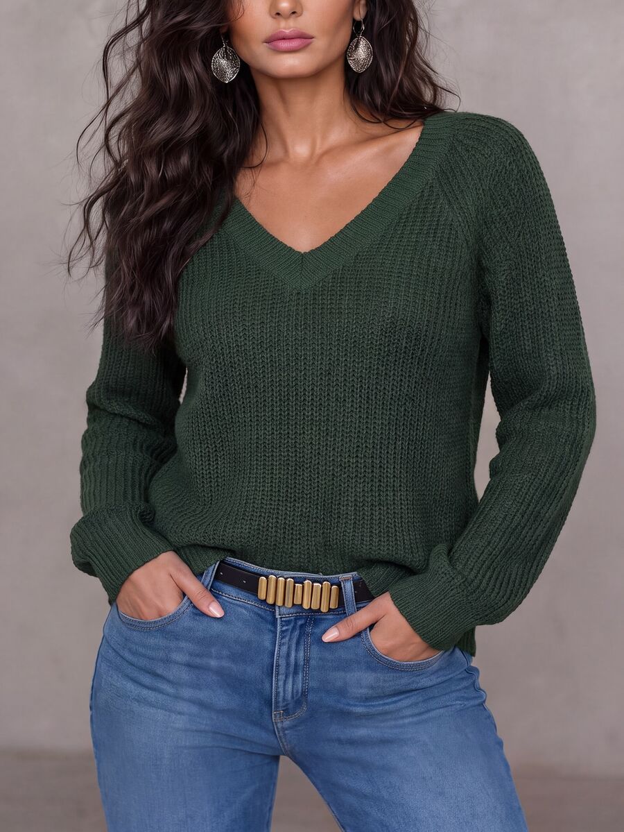 LUMIGAL Women's Casual Solid Color V-Neck Raglan Sleeve Sweater, Autumn/Winter - Dark Green - View 1