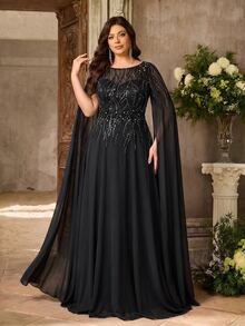 Aureia Plus Size Elegant Glamorous Black Sequin Embroidered Patchwork Chiffon Round Neck Water Sleeve Burnout Print Exquisite Craftsmanship Ruched A-Line Hem Evening Gown Suitable For All Formal Occasions (Heavy Work Design) - Black - View 6