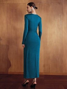 MOTF PREMIUM WOMEN'S AUTUMN/WINTER ELASTIC FABRIC STRUCTURED DESIGN ELEGANT SLIM FIT MIDI DRESS - Teal Blue - View 5