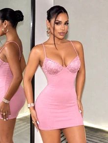BamGleam Women's Sequin Patchwork Backless Lace-Up Sexy Fitted Party Spaghetti Strap Mini Dress - Pink - View 3