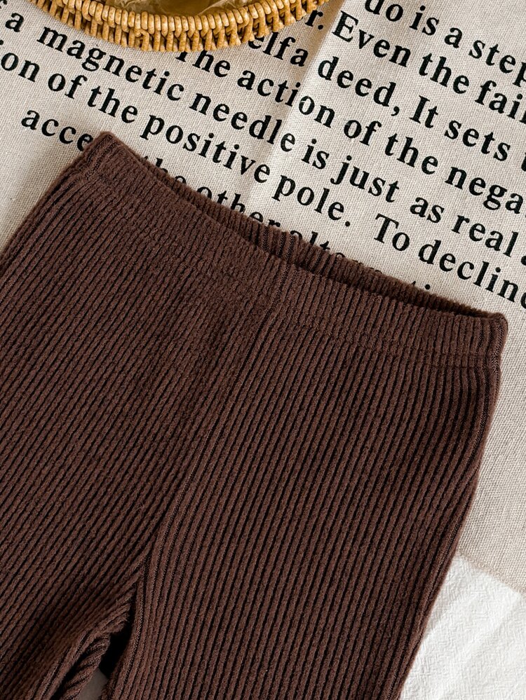 SHEIN Playful Pals Baby Girl Knit Outfit Set Asymmetric High Neck Top & Fuzzy Leopard Print Flared Pants 2pcs Autumn Winter Clothes - Brown - View 7