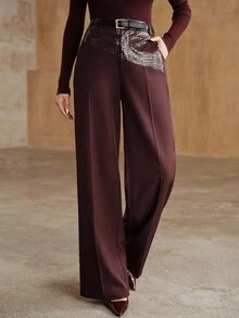 Anewsta Women's Elegant Burgundy Loose Fit Pants, Urban Modern, Casual Commute - Burgundy - View 5