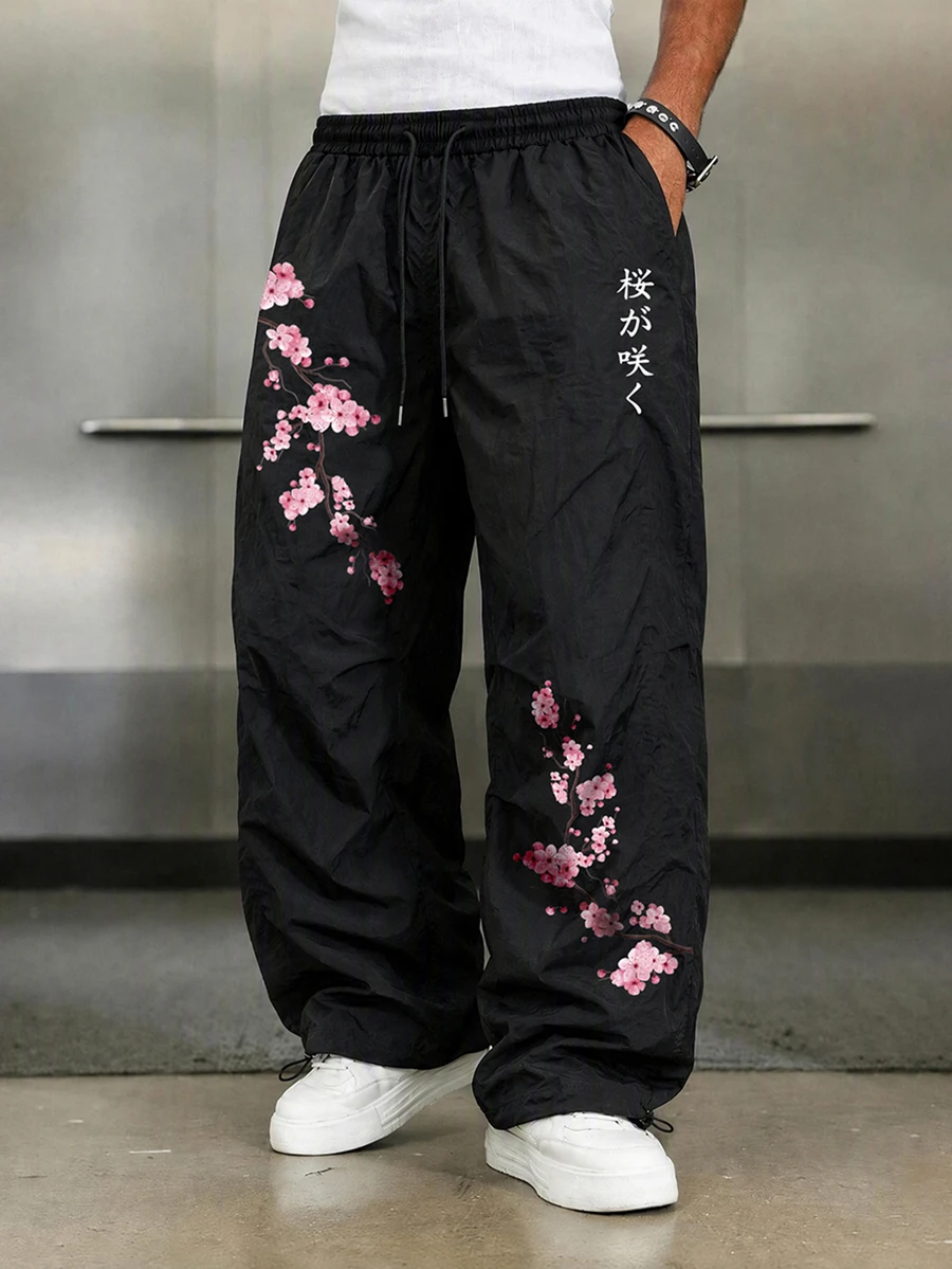 Sport MetroGents 男士抽繩腰花卉印花休閒日常旅行運動長褲 - 黑色 - 查看 1