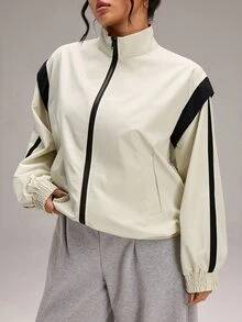 EMERY ROSE Plus Size Women's Colorblock Long Sleeve Zip-Up Casual Jacket - Beige - View 1