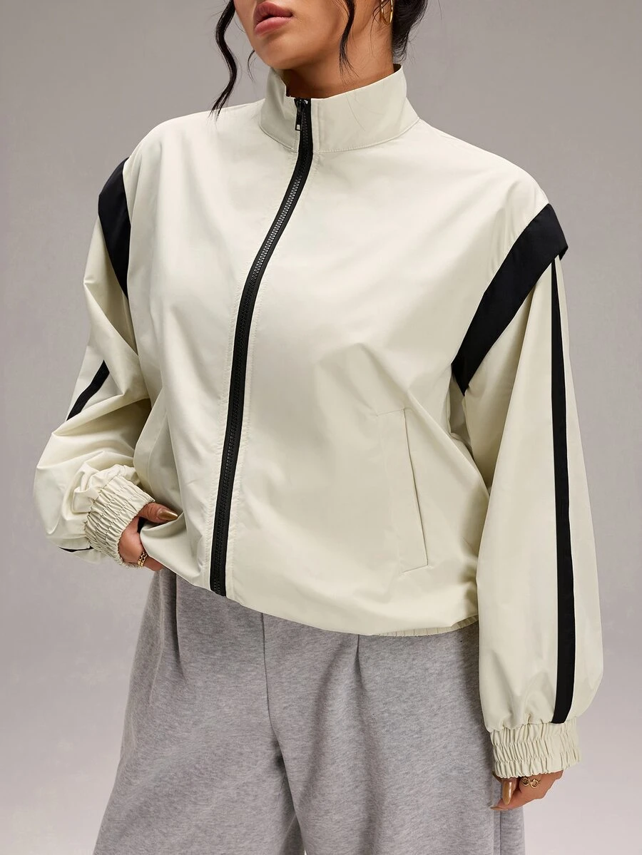 EMERY ROSE Plus Size Women's Colorblock Long Sleeve Zip-Up Casual Jacket - Beige - View 1