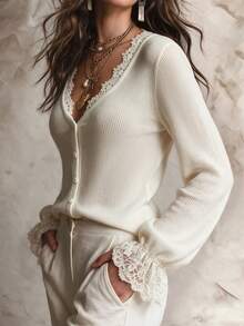 Solivie Women's Lace Patchwork Casual Versatile Long Sleeve Sweater - White - View 5