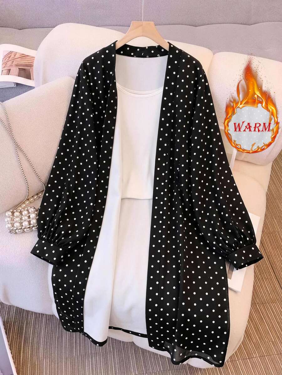 SHEIN LUNE Plus Size Women's Autumn/Winter Long Sleeve Polka Dot Mid-Length Soft Comfortable Casual Daily Wear Jacket - Black and White - View 1