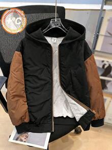 SHEIN 兒童青少年男孩休閒學院風拼接對比色連帽開襟厚實編織絎縫外套，適合通勤、上學、日常休閒、度假、旅行、運動，秋冬/冬季，黑色、棕色 - 黑色 - 查看 1