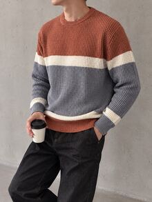 TONEVAULT Áo len nam kiểu Mỹ casual phối màu kẻ sọc, phong cách Old Money retro patchwork, dáng rộng, cổ tròn, tay dài, dệt kim chui đầu, mặc đi làm và thường ngày mùa thu/đông - Nhiều màu - Xem 5