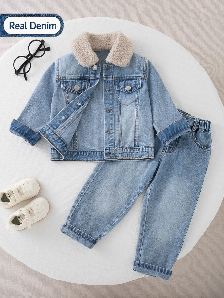 Boys INS Style Washed Blue Denim 2pcs Set, Korean Fashion Lamb Fleece Lapel Jacket With Elastic Waist Long Pants Outfit - Light Wash - View 1