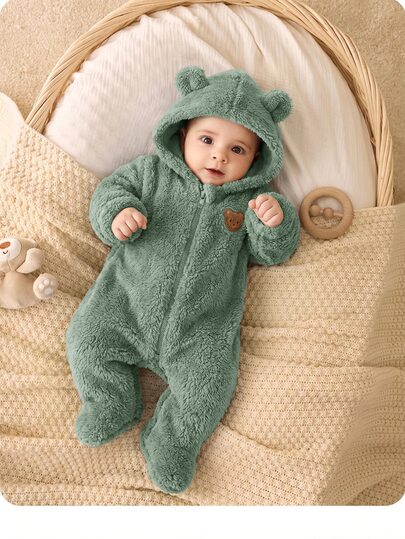 SHEIN Newborn Baby Boy Baby Girl Autumn/Winter Cute Cartoon Pattern Fuzzy Hooded Footed Romper