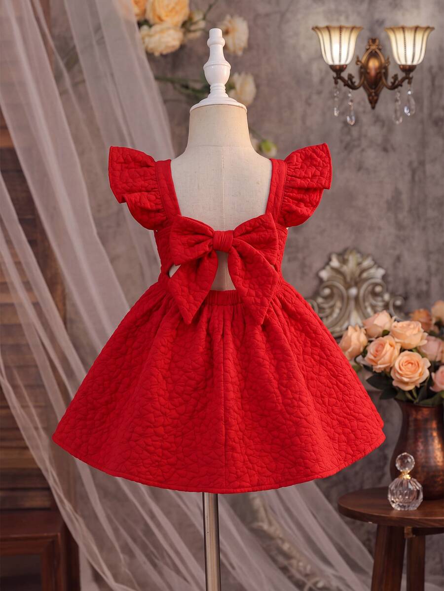 SHEIN Đầm bé gái màu đỏ họa tiết nơ tay cánh bướm dễ thương - Đỏ - Xem 1