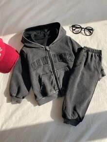 SHEIN 中性嬰兒男/女童、幼兒 2 件組秋冬休閒時尚黑色紮染連帽夾克套裝、運動衫套裝、嬰兒冬季穿搭套裝、街頭風 - 黑色 - 查看 5