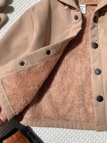 SHEIN 中性嬰兒男/女童、幼兒秋冬保暖內裡加厚休閒可愛連帽夾克外套，嬰兒冬季外套，填充外套，絎縫外套，抓絨 - 卡其色 - 查看 7