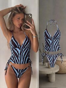 Elavelle Halloween Costume Women's Spring/Summer/Fall Random Print Spaghetti Strap Tank Top Elegant Bikini Set Blue Black Tiger Pattern Going Out Outfit - Multicolor - View 2