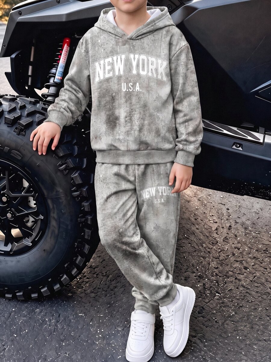 Tween Boy Casual Minimalist Long Sleeve Hooded Comfortable Sweatshirt 2 Pieces Set, Suitable For Autumn/Winter, Classic Handsome Cool Cement Texture Pattern Print, Classic Travel City New York Text Pattern Print - Multicolor - View 1