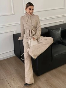 DAZY 女款純色打結腰長袖上衣與長褲針織兩件套 冬季 - 卡其色 - 查看 6