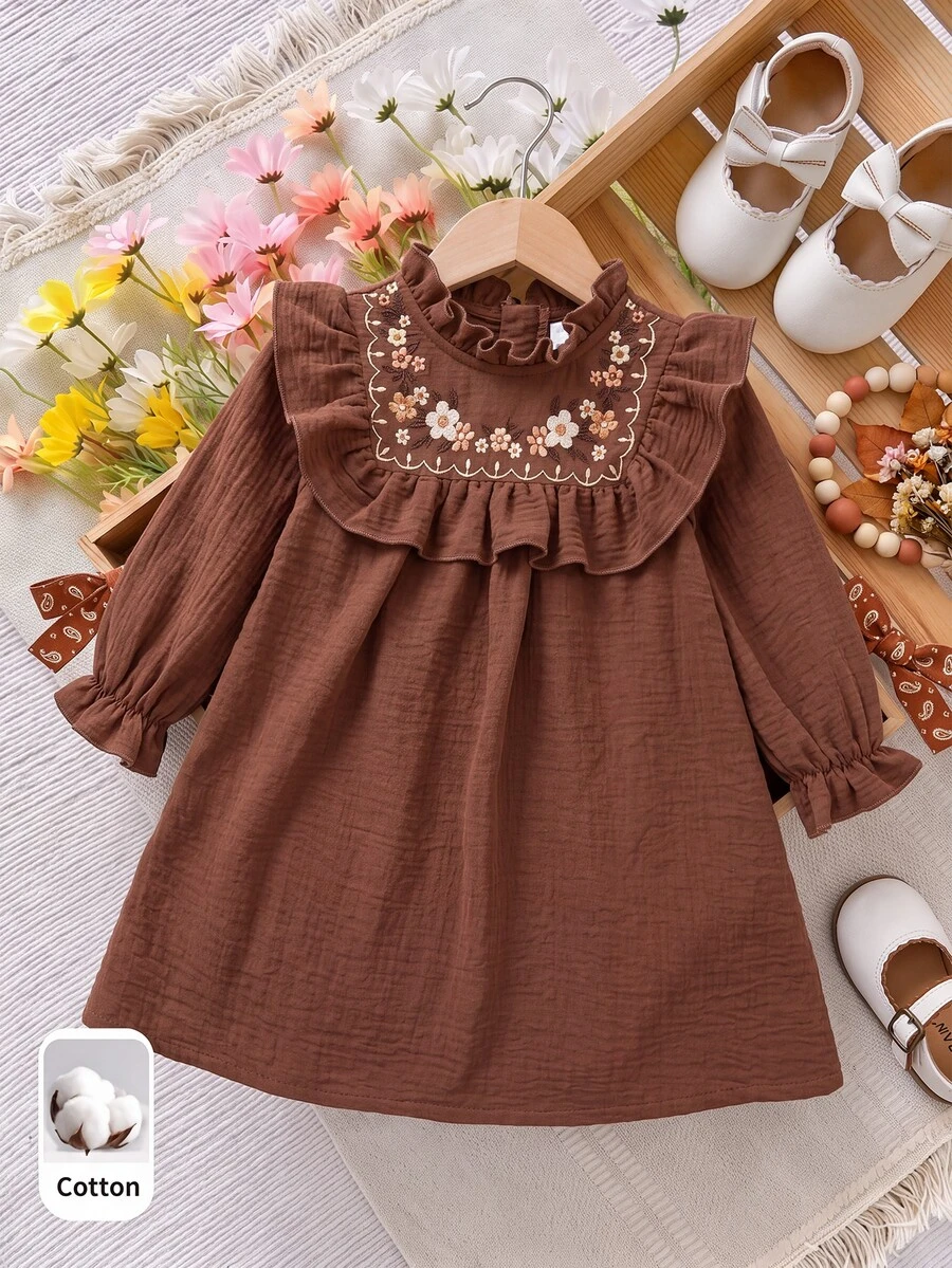 Baby Girl Floral Embroidered Pattern Pleated Casual Daily Summer Dress - Brown - View 1