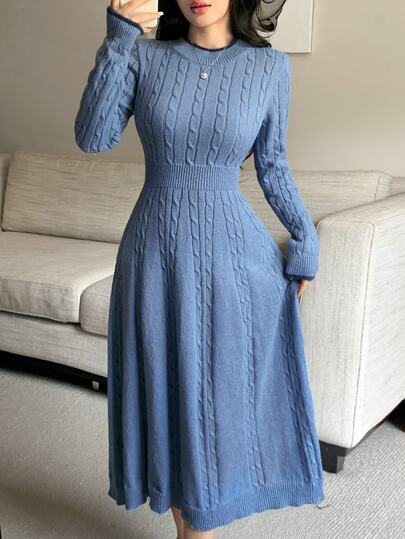 Feyla Women's Autumn/Winter Cable Knit Round Neck Long Sleeve Elegant Knit Dress