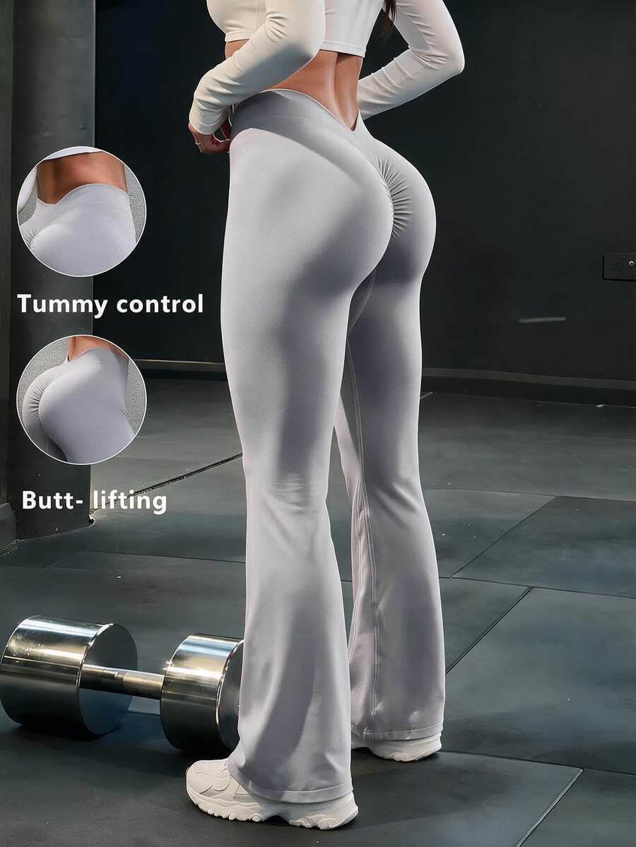 SHEIN Sports Women's Solid Color High Waist Ruched Hip Flare Leggings - Light Grey - View 1
