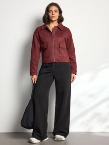 Easithlete Easithlete Women's Fashion Jacket, Faux Suede, Daily Commute Versatile Style, Large Pockets & Lapel Design - Burgundy - View 6