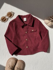 SHEIN Baby Boy Solid Color Versatile Comfortable Collared Long Sleeve Button-Up Shirt - Burgundy - View 4