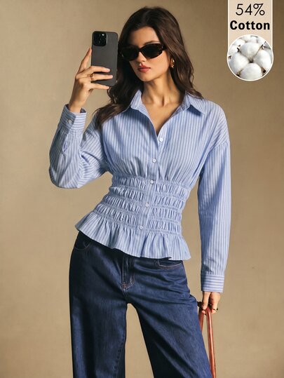 Poéselle Women's New Fall/Winter Cotton-Blend Blue & White Stripe Ruched-Waist Shirt, Casual Street, Office Commute, Campus Style Top