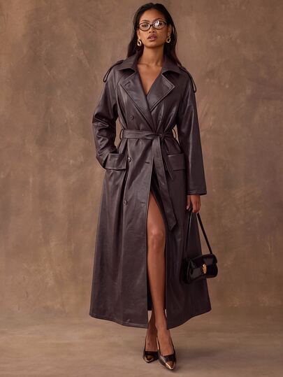 SHEIN BAE Women's Solid Color PU Leather Lapel Neck Long Sleeve Double-Breasted Long Elegant Trench Coat