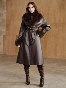 Anewsta Women's Coffee-Colored Long Wool Coat With Cuff And Collar Patchwork, Suitable For Travel, Dating, Gathering, Daily Commute And Casual Wear - Coffee Brown - View 6