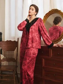 Côtesoire Plus Size Elegant Mature Floral Print Lace Patchwork Pajama Set, Southern French Style - Multicolor - View 3