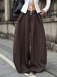 Coolane 女款秋冬波西米亞風商務休閒度假街頭辦公室穿搭外出復古棕色條紋寬鬆寬腿長褲 - 棕色 - 查看 4