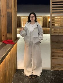 DAZY Women's Spring/Autumn Solid Color Patchwork Frill Trim Zipper Hooded Sweatshirt And Long Pants Casual 2 Pieces Set - Light Grey - View 4
