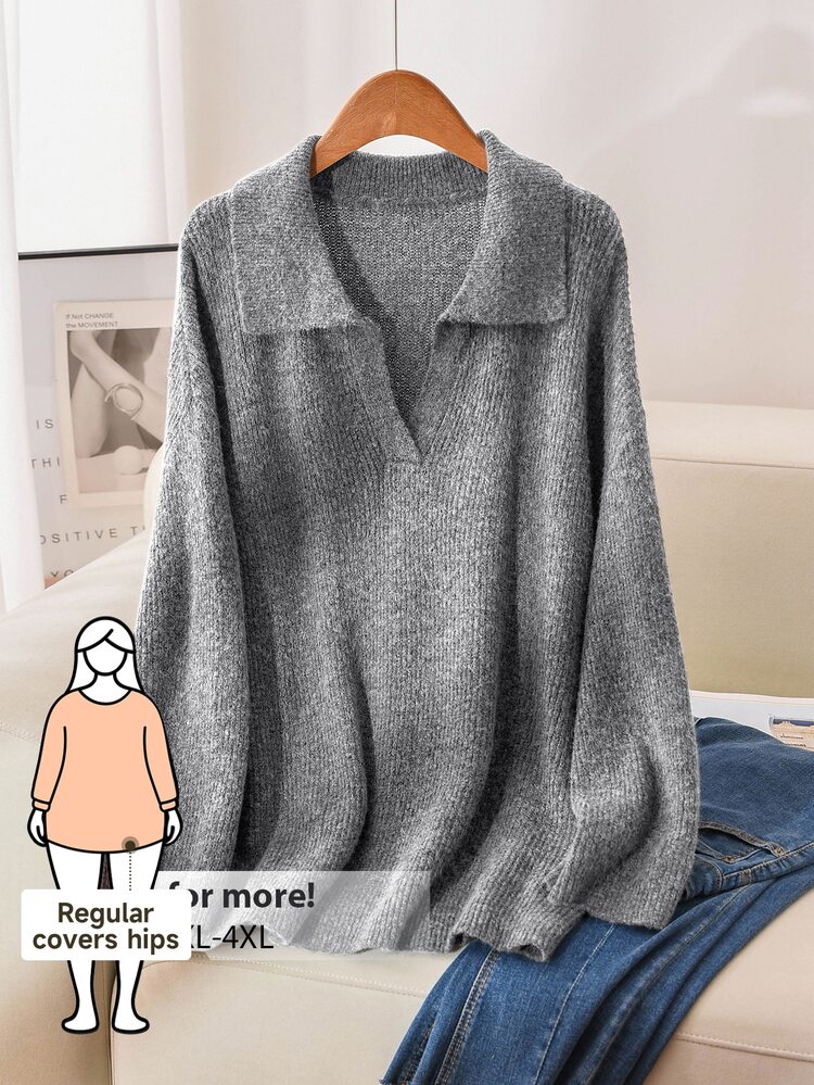 CosyJoli Plus Size Women's Solid Color Turndown Collar Long Sleeve Loose Casual Pullover Sweater Chocolate Brown Sweater Women Sweater V-Neck Sweater Brown Sweater Brown Collared Sweater In Fall/Winter - Grey - View 9